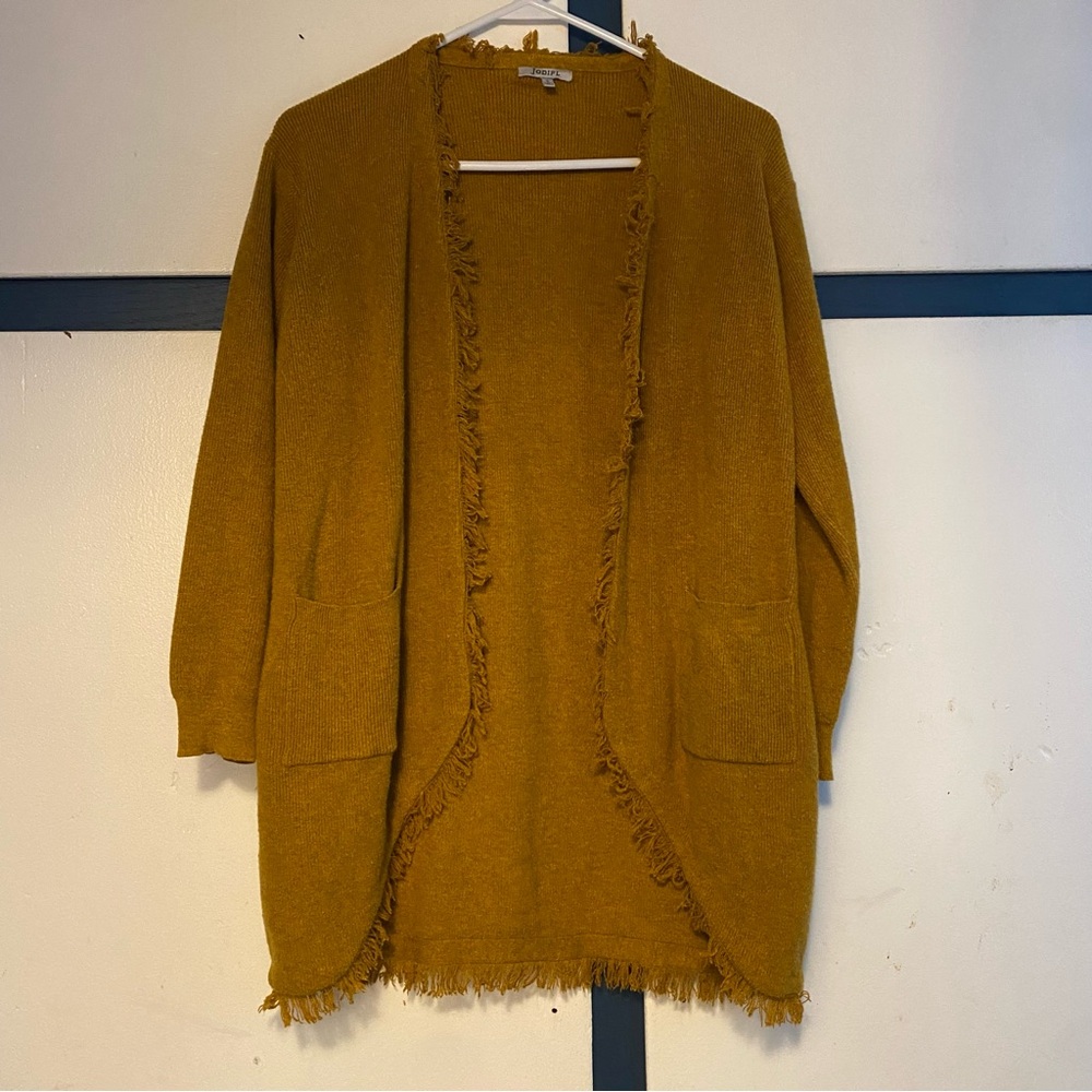 JODIFL Mustard Fringed Cardigan Women’s Size Small Open Front Cottage Core‎